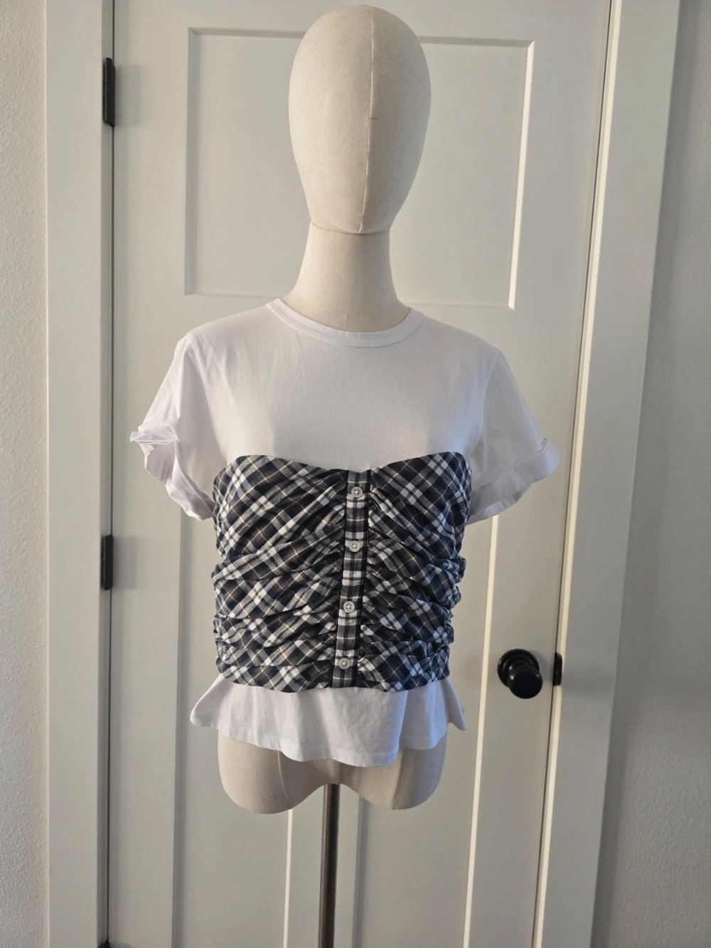 Veronica Beard White Short-Sleeve Tee with Black Plaid Bustier